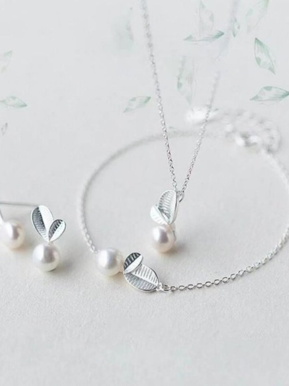 NEW [Set of 3] 925 Sterling Silver Pearl Leaf Set - Picture 2 of 8
